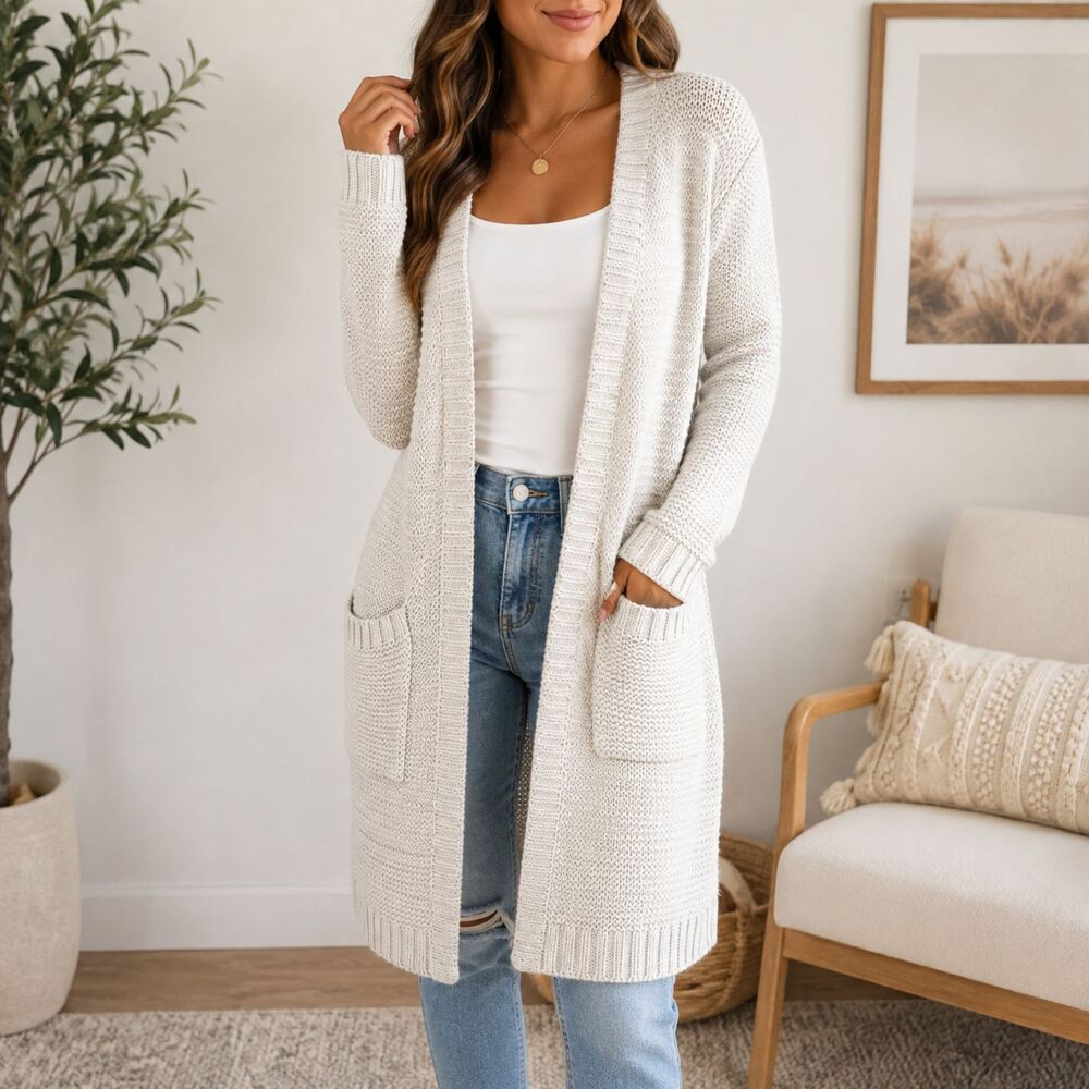 Forever 21 Longline Cardigan Sweater S Cream Open Front Chunky Knit Pockets